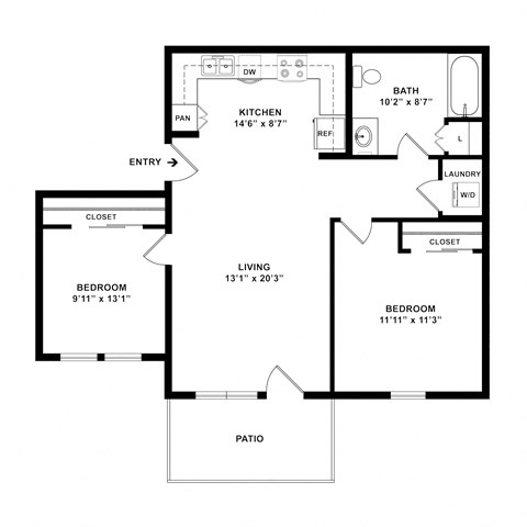 A floor plan of a home with a living room, two bedrooms, a kitchen, a bathroom, a laundry room, and a patio.